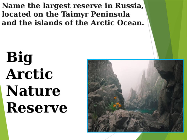 Name the largest reserve in Russia, located on the Taimyr Peninsula and the islands of the Arctic Ocean.   Big Arctic Nature Reserve  