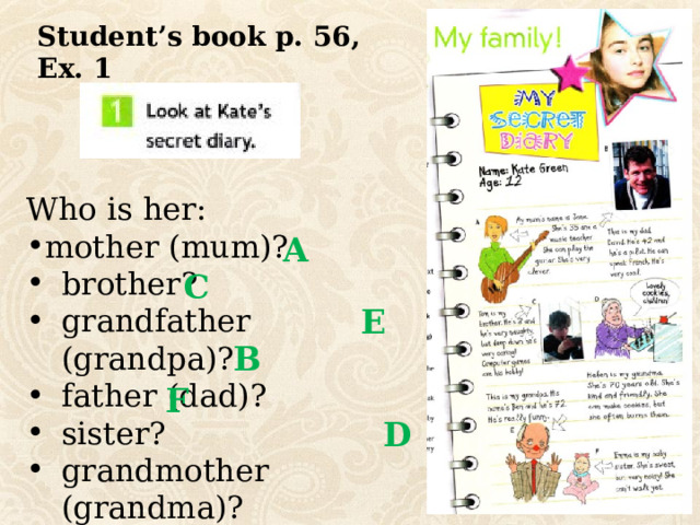 Student’s book p. 56, Ex. 1 Who is her: mother (mum)? brother? grandfather (grandpa)? father (dad)? sister? grandmother (grandma)? A C E B F D 