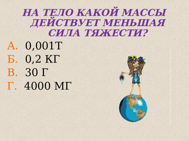 НА ТЕЛО КАКОЙ МАССЫ ДЕЙСТВУЕТ МЕНЬШАЯ СИЛА ТЯЖЕСТИ? А. 0,001Т Б. 0,2 КГ В. 30 Г Г. 4000 МГ 
