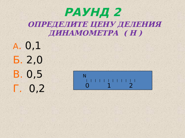 РАУНД 2 ОПРЕДЕЛИТЕ ЦЕНУ ДЕЛЕНИЯ ДИНАМОМЕТРА ( Н ) А . 0,1 Б. 2,0 В. 0,5 Г. 0,2 N 0 1 2 