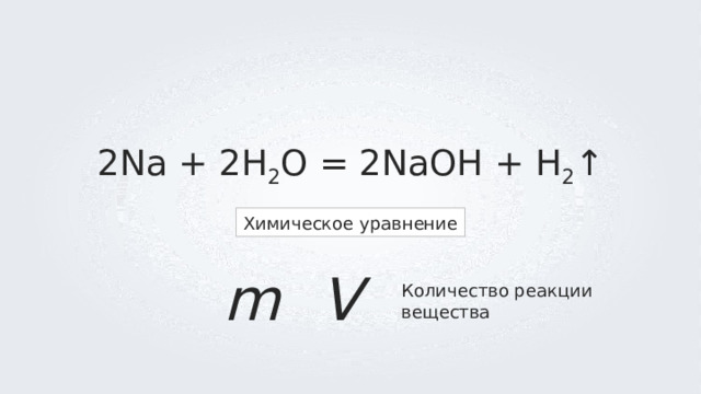 2 Na + 2 H 2 O = 2 NaOH + H 2 ↑ Химическое уравнение V m Количество реакции вещества 
