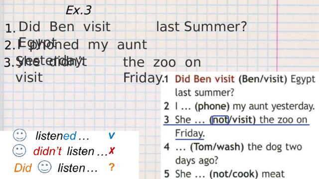 Ex.3 Did Ben visit Egypt last Summer? 1. I phoned my aunt yesterday. 2. She didn’t visit the zoo on Friday. 3. 