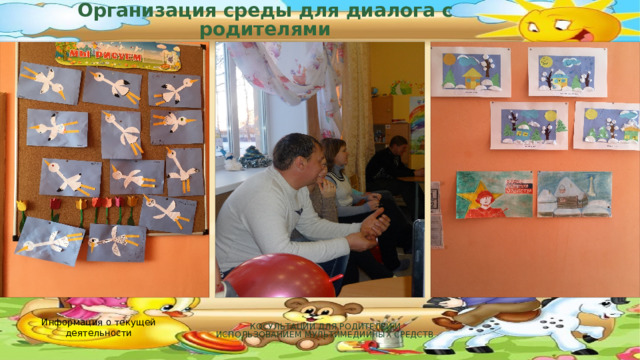 Организация среды для диалога с родителями Информация о текущей деятельности  КОСУЛЬТАЦИИ ДЛЯ РОДИТЕЛЕЙ И ИСПОЛЬЗОВАНИЕМ МУЛЬТИМЕДИЙНЫХ СРЕДСТВ  