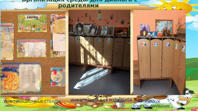  Организация среды для диалога с родителями ИНФОРМАЦИЯ ДЛЯ РОДИТЕЛЕЙ  ИНФОРМАЦИОННЫЕ СТЕНДЫ ТЕМАТИЧЕСКОЕ КОНСУЛЬТИРОВАНИЕ  