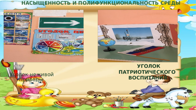 НАСЫЩЕННОСТЬ И ПОЛИФУНКЦИОНАЛЬНОСТЬ СРЕДЫ  УГОЛОК ПАТРИОТИЧЕСКОГО ВОСПИТАНИЯ  Уголок неживой природы  