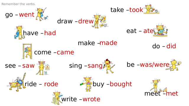 Remember the verbs. take – took went go – draw – drew eat – ate have – had made make – do – did came come – be – was/were sing – see – saw sang buy – rode ride – bought meet – met write – wrote 