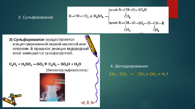3. Сульфирование 4. Дегидрирование: СН 3 – СН 3    →    СН 2 = СН 2 + Н 2 ↑ 