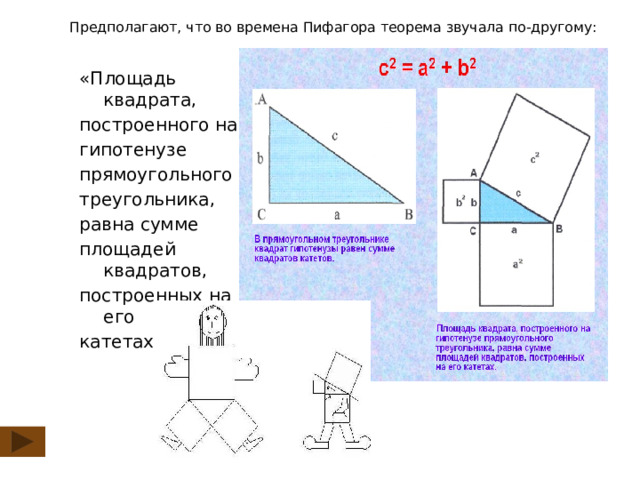 Предполагают, что во времена Пифагора теорема звучала по-другому: «Площадь квадрата, построенного на гипотенузе прямоугольного треугольника, равна сумме площадей квадратов, построенных на его катетах».    