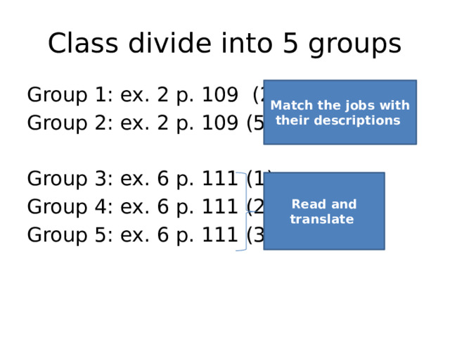 Class divide into 5 groups Group 1: ex. 2 p. 109 (2,3,4) Group 2: ex. 2 p. 109 (5,6,7) Group 3: ex. 6 p. 111 (1) Group 4: ex. 6 p. 111 (2) Group 5: ex. 6 p. 111 (3) Match the jobs with their descriptions Read and translate 