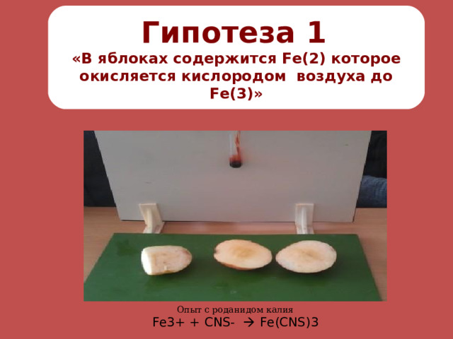 Гипотеза 1  «В яблоках содержится Fe( 2) которое окисляется кислородом воздуха до Fe (3)» Опыт с роданидом калия Fe3+ + CNS-  Fe(CNS)3 