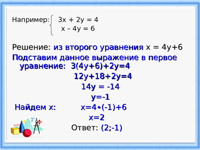 Например: 3х + 2у = 4  х – 4у = 6 Решение: из второго уравнения x  = 4 y+6 Подставим данное выражение в первое уравнение: 3( 4 y+6) + 2y=4  12y+18+2y=4  14y  =  -14  y=-1  Найдем х: x=4∙(-1)+6  x=2  Ответ:  (2;-1) 