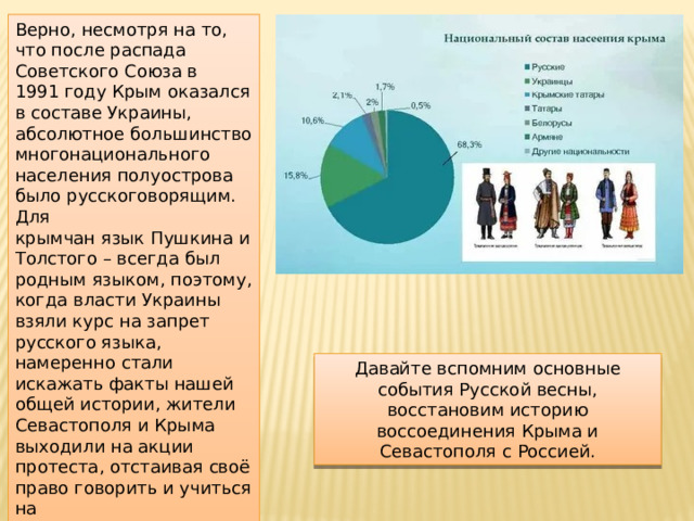 Верно, несмотря на то, что после распада Советского Союза в 1991 году Крым оказался в составе Украины, абсолютное большинство многонационального населения полуострова было русскоговорящим. Для крымчан язык Пушкина и Толстого – всегда был родным языком, поэтому, когда власти Украины взяли курс на запрет русского языка, намеренно стали искажать факты нашей общей истории, жители Севастополя и Крыма выходили на акции протеста, отстаивая своё право говорить и учиться на русском языке, защищая свои ценности и традиции. Давайте вспомним основные события Русской весны, восстановим историю воссоединения Крыма и Севастополя с Россией. 