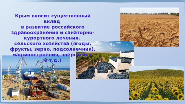 Крым вносит существенный вклад в развитие российского здравоохранения и санаторно-курортного лечения, сельского хозяйства (ягоды, фрукты, зерно, подсолнечник), машиностроения, энергетики и т.д.) 