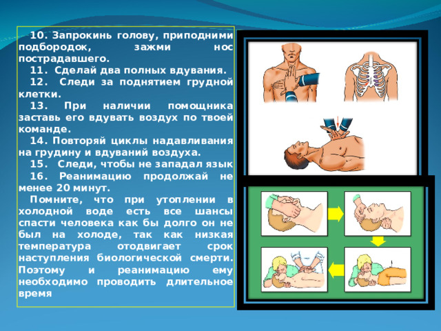 10. Запрокинь голову, приподними подбородок, зажми нос пострадавшего. 11. Сделай два полных вдувания. 12. Следи за поднятием грудной клетки. 13. При наличии помощника заставь его вдувать воздух по твоей команде. 14. Повторяй циклы надавливания на грудину и вдуваний воздуха. 15. Следи, чтобы не западал язык 16. Реанимацию продолжай не менее 20 минут. Помните, что при утоплении в холодной воде есть все шансы спасти человека как бы долго он не был на холоде, так как низкая температура отодвигает срок наступления биологической смерти. Поэтому и реанимацию ему необходимо проводить длительное время   