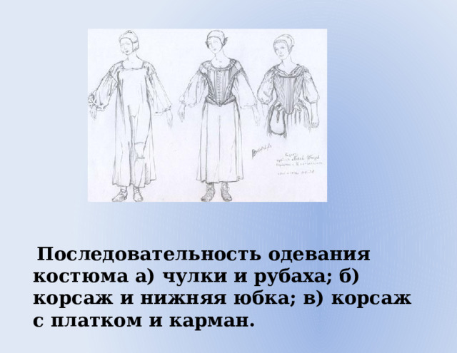 Последовательность одевания костюма а) чулки и рубаха; б) корсаж и нижняя юбка; в) корсаж с платком и карман. 