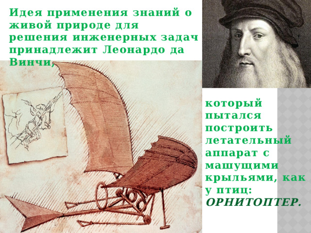 Идея применения знаний о живой природе для решения инженерных задач принадлежит Леонардо да Винчи, который пытался построить летательный аппарат с машущими крыльями, как у птиц:  ОРНИТОПТЕР. 