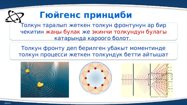 Гюйгенс принциби Толкун таралып жеткен толкун фронтунун ар бир чекитин жаңы булак же экинчи толкундун булагы катарында кароого болот. Толкун фронту деп берилген убакыт моментинде толкун процесси жеткен толкундук бетти айтышат физика 