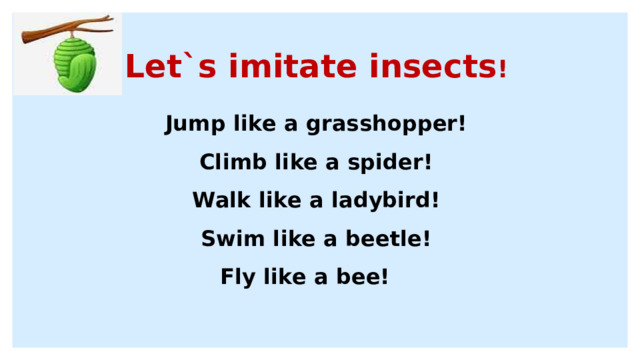 Let`s imitate insects !  Jump like a grasshopper!  Climb like a spider!  Walk like a ladybird !  Swim like a beetle!  Fly like a bee! 
