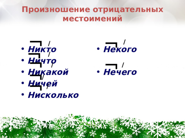 Произношение отрицательных местоимений ¬ ¬ / / ¬ Некого Никто Ничто Никакой Ничей Нисколько   Нечего  / ¬ ¬ / / ¬ / ¬ / 