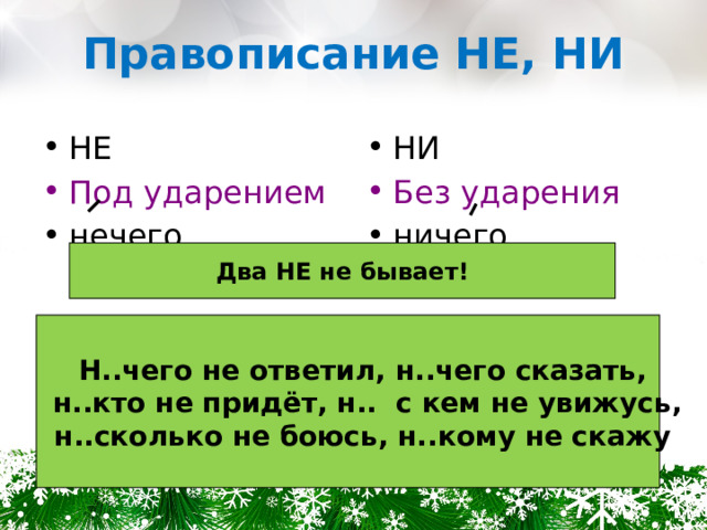 Правописание НЕ, НИ НЕ НИ Под ударением Без ударения нечего ничего Два НЕ не бывает! Н..чего не ответил, н..чего сказать,  н..кто не придёт, н.. с кем не увижусь, н..сколько не боюсь, н..кому не скажу 