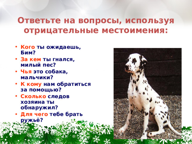Ответьте на вопросы, используя отрицательные местоимения: Кого ты ожидаешь, Бим? За кем ты гнался, милый пес? Чья это собака, мальчики? К кому нам обратиться за помощью? Сколько следов хозяина ты обнаружил? Для чего тебе брать ружьё? 