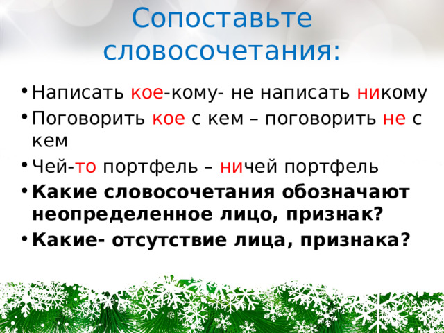 Сопоставьте словосочетания: Написать кое -кому- не написать ни кому Поговорить кое с кем – поговорить не с кем Чей- то портфель – ни чей портфель Какие словосочетания обозначают неопределенное лицо, признак? Какие- отсутствие лица, признака? 