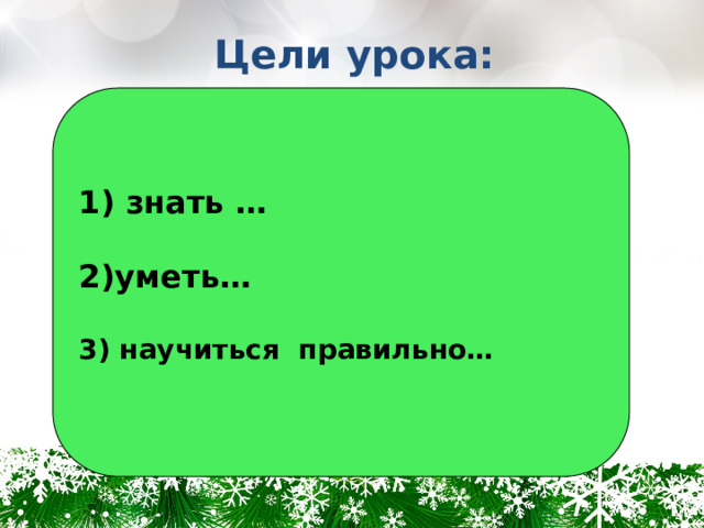 Цели урока:  1) знать …  2)уметь…  3) научиться правильно…  