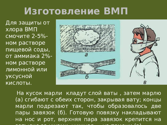 Изготовление ВМП Для защиты от хлора ВМП смочите 2-5%-ном растворе пищевой соды, от аммиака 2%-ном растворе лимонной или уксусной кислоты.  На кусок марли кладут слой ваты , затем марлю (а) сгибают с обеих сторон, закрывая вату; концы марли подрезают так, чтобы образовалось две пары завязок (б). Готовую повязку накладывают на нос и рот, верхняя пара завязок крепится на затылке за ушами, нижняя — на темени (в). 