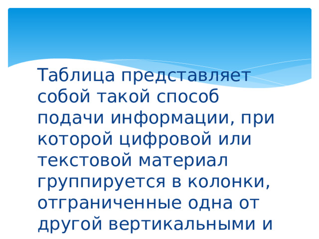 Таблица представляет собой такой способ подачи информации, при которой цифровой или текстовой материал группируется в колонки, отграниченные одна от другой вертикальными и горизонтальными линиями. 