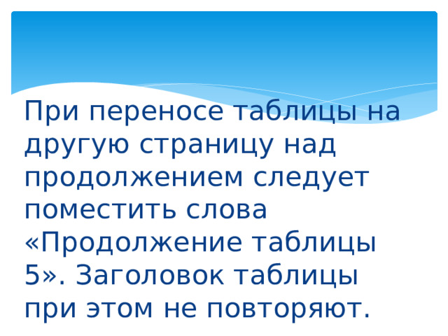 При переносе таблицы на другую страницу над продолжением следует поместить слова «Продолжение таблицы 5». Заголовок таблицы при этом не повторяют. 