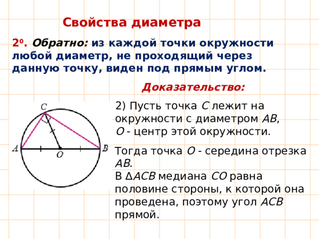 Свойства диаметра 2 0 .  Обратно:  из каждой точки окружности любой диаметр, не проходящий через данную точку, виден под прямым углом. Доказательство: 2) Пусть точка C лежит на окружности с диаметром AB , O - центр этой окружности. Тогда точка O - середина отрезка AB . В ∆ АСВ  медиана CO равна половине стороны, к которой она проведена, поэтому угол АСВ прямой. 