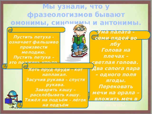 Мы узнали, что у фразеологизмов бывают омонимы, синонимы и антонимы. Пустить петуха - означает фальшиво произвести мелодию. Пустить петуха – это поджечь что-то. Ума палата -семи пядей во лбу Голова на плечах - светлая голова. Два сапога пара – одного поля ягоды. Перековать мечи на орала – вложить меч в ножны. Хоть пруд пруди - кот наплакал. Засучив рукава – спустя рукава. Заварить кашу – расхлёбывать кашу. Тяжёл на подъём - лёгок на подъём 