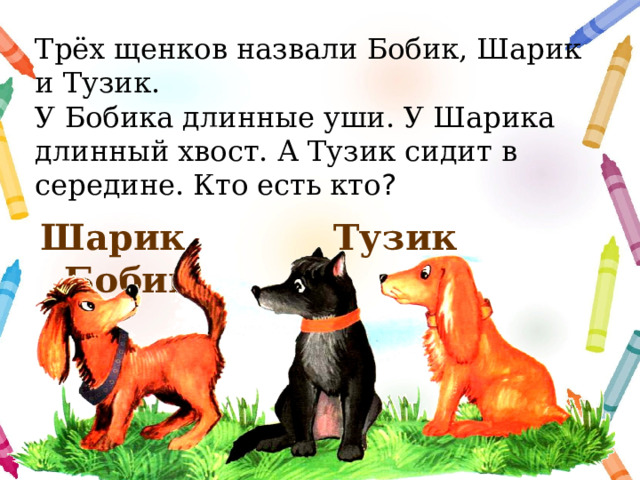 Трёх щенков назвали Бобик, Шарик и Тузик.  У Бобика длинные уши. У Шарика длинный хвост. А Тузик сидит в середине. Кто есть кто ?  Шарик   Тузик   Бобик 