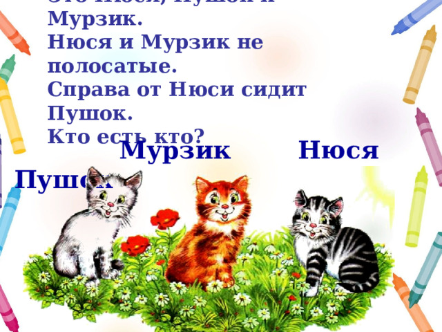 Это Нюся, Пушок и Мурзик.  Нюся и Мурзик не полосатые.  Справа от Нюси сидит Пушок.  Кто есть кто?     Мурзик   Нюся  Пушок 