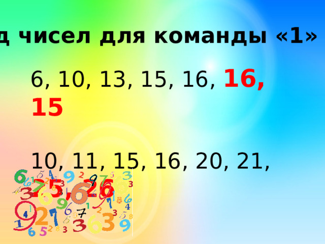 Ряд чисел для команды «1» 6, 10, 13, 15, 16, 16, 15 10, 11, 15, 16, 20, 21, 25, 26 