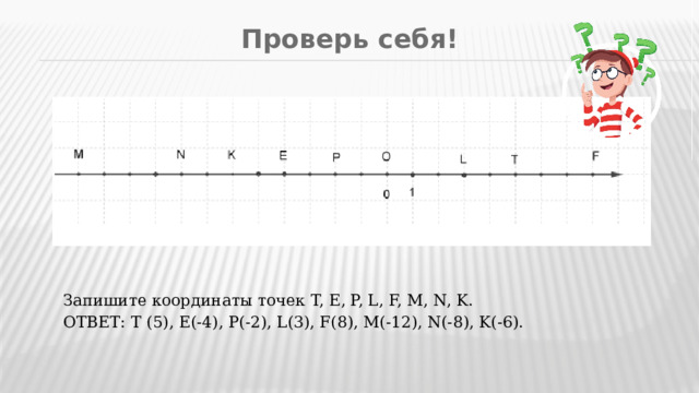 Проверь себя! Запишите координаты точек T, E, P, L, F, M, N, K. ОТВЕТ: T (5), E(-4), P(-2), L(3), F(8), M(-12), N(-8), K(-6).   