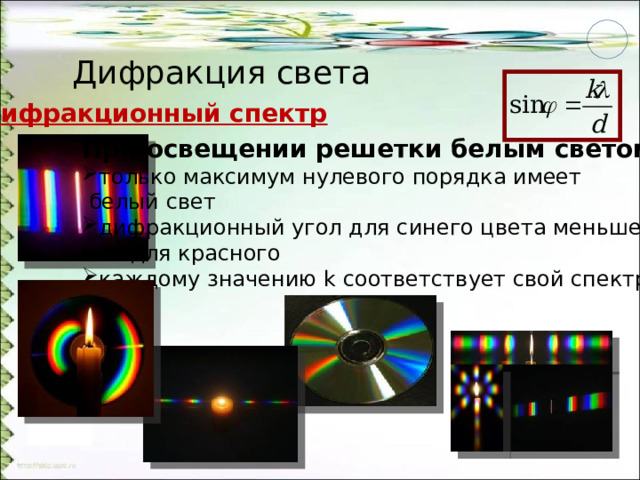  Дифракция света Дифракционный спектр При освещении решетки белым светом: только максимум нулевого порядка имеет  белый свет дифракционный угол для синего цвета меньше,  чем для красного каждому значению k соответствует свой спектр 