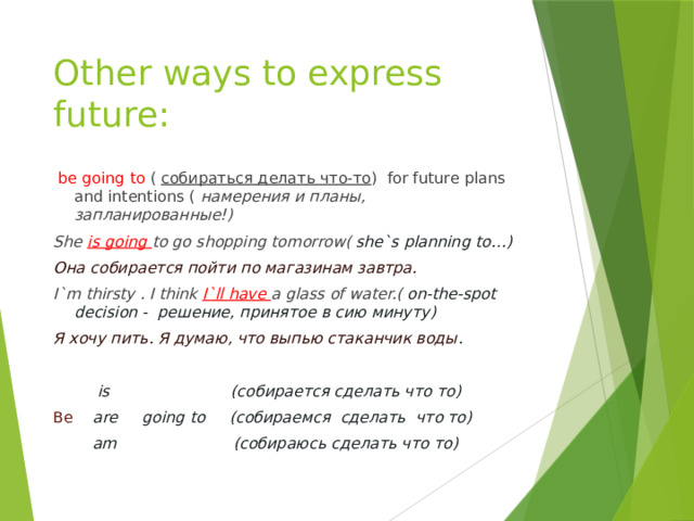 Other ways to express future:  be going to (  собираться делать что-то ) for future plans and intentions ( намерения и планы, запланированные!) She is going to go shopping tomorrow( she`s planning to…) Она собирается пойти по магазинам завтра. I`m thirsty . I think I`ll have a glass of water.( on-the-spot decision - решение, принятое в сию минуту) Я хочу пить. Я думаю, что выпью стаканчик воды .   is (собирается сделать что то) Be are going to (собираемся сделать что то)  am (собираюсь сделать что то) 