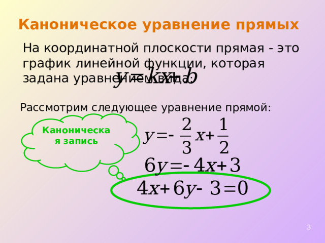 Каноническое уравнение прямых На координатной плоскости прямая - это график линейной функции, которая задана уравнением вида : Рассмотрим следующее уравнение прямой: Каноническая  запись   