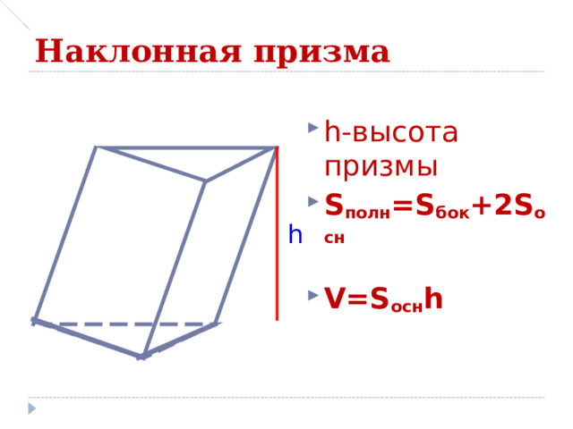 Наклонная призма h- высота призмы S полн =S бок + 2S осн  V=S осн h h 