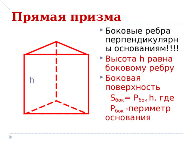 Прямая призма Боковые ребра перпендикулярны основаниям!!!! Высота h равна боковому ребру Боковая поверхность  S бок = Р бок h , где  Р бок -периметр основания h 