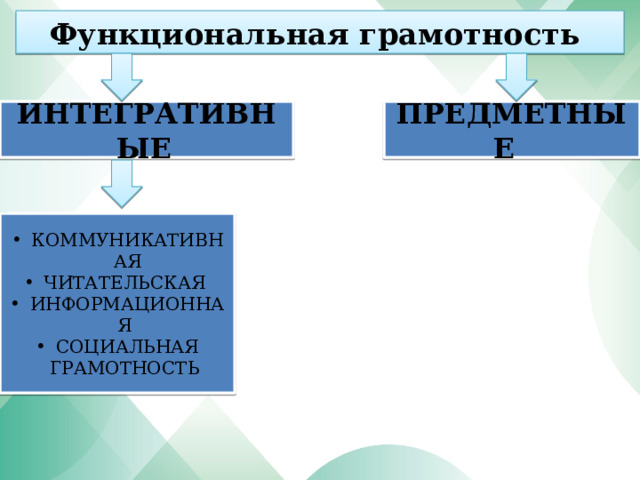 Функциональная грамотность ИНТЕГРАТИВНЫЕ  ПРЕДМЕТНЫЕ  КОММУНИКАТИВНАЯ ЧИТАТЕЛЬСКАЯ ИНФОРМАЦИОННАЯ СОЦИАЛЬНАЯ ГРАМОТНОСТЬ 
