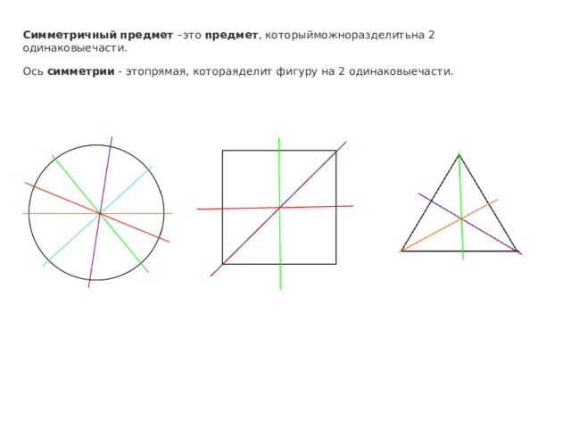 Симметричный   предмет   – это   предмет , которыйможноразделитьна 2 одинаковыечасти . Ось   симметрии  - этопрямая , котораяделит фигуру на 2 одинаковыечасти . 