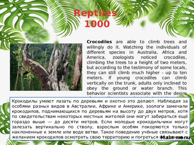 Reptiles  1000 Crocodiles are able to climb trees and willingly do it. Watching the individuals of different species in Australia, Africa and America, zoologists noticed crocodiles, climbing the trees to a height of two meters, but according to the testimony of some locals, they can still climb much higher - up to ten meters. If young crocodiles can climb vertically on the trunk, adults only inclined to obey the ground or water branch. This behavior scientists associate with the desire of crocodiles to explore their territory and bask in the sun. Крокодилы умеют лазать по деревьям и охотно это делают. Наблюдая за особями разных видов в Австралии, Африке и Америке, зоологи замечали крокодилов, поднимающихся по деревьям на высоту до двух метров, хотя по свидетельствам некоторых местных жителей они могут забираться ещё гораздо выше — до десяти метров. Если молодые крокодильчики могут залезать вертикально по стволу, взрослым особям покоряются только наклоненные к земле или воде ветви. Такое поведение учёные связывают с желанием крокодилов осмотреть свою территорию и погреться на солнце. Main menu 