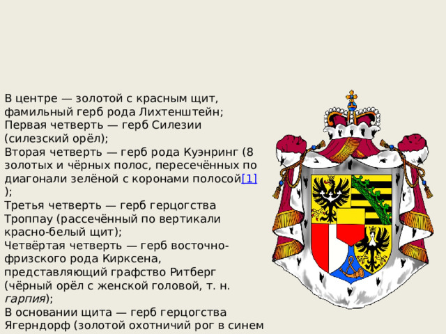 В центре — золотой с красным щит, фамильный герб рода Лихтенштейн; Первая четверть — герб Силезии (силезский орёл); Вторая четверть — герб рода Куэнринг (8 золотых и чёрных полос, пересечённых по диагонали зелёной с коронами полосой [1] ); Третья четверть — герб герцогства Троппау (рассечённый по вертикали красно-белый щит); Четвёртая четверть — герб восточно-фризского рода Кирксена, представляющий графство Ритберг (чёрный орёл с женской головой, т. н. гарпия ); В основании щита — герб герцогства Ягерндорф (золотой охотничий рог в синем поле). Мантия и княжеская корона символизируют монархический государственный строй и власть князя. 