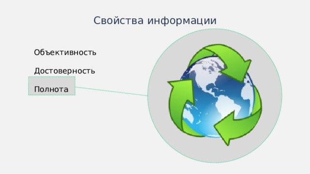 Свойства информации Объективность Достоверность Полнота В качестве цвета вспомогательных линий можно использовать цвет раздела. Примеры к пунктам можно выводить последовательно при помощи анимации.  