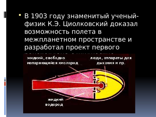 В 1903 году знаменитый ученый-физик К.Э. Циолковский доказал возможность полета в межпланетном пространстве и разработал проект первого ракетоплана с жидкостно-реактивным двигателем. 