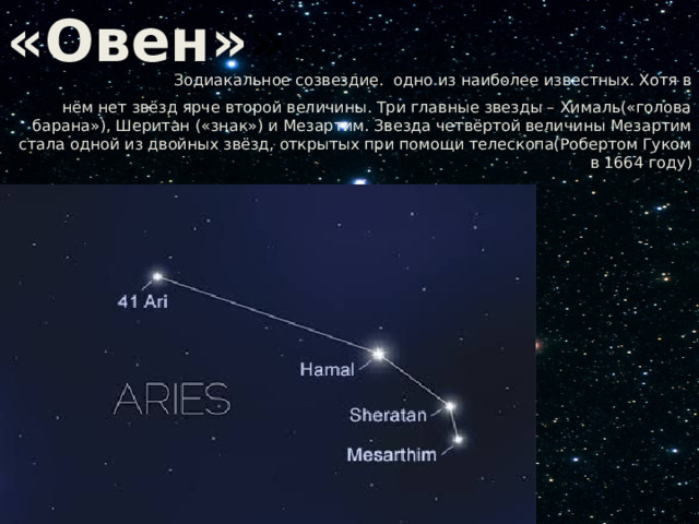  Созвездие «Овен» »  Зодиакальное созвездие. одно из наиболее известных. Хотя в нём нет звёзд ярче второй величины. Три главные звезды – Хималь(«голова барана»), Шеритан («знак») и Мезартим. Звезда четвёртой величины Мезартим стала одной из двойных звёзд, открытых при помощи телескопа(Робертом Гуком в 1664 году) 