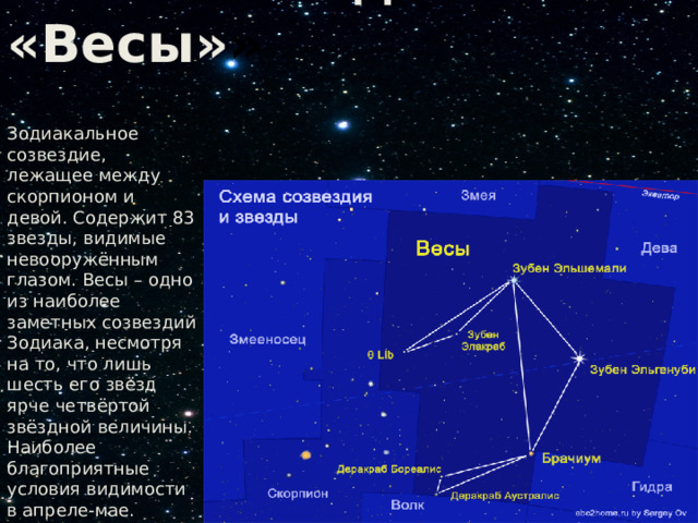  Созвездие «Весы» »  Зодиакальное созвездие, лежащее между скорпионом и девой. Содержит 83 звезды, видимые невооружённым глазом. Весы – одно из наиболее заметных созвездий Зодиака, несмотря на то, что лишь шесть его звёзд ярче четвёртой звёздной величины. Наиболее благоприятные условия видимости в апреле-мае. 