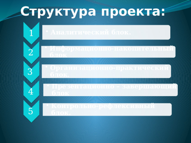 Структура проекта:   1 Аналитический блок. Аналитический блок. 2  Информационно-накопительный блок Информационно-накопительный блок 3 Организационно-практический блок . Организационно-практический блок . 4  Презентационно – завершающий блок Презентационно – завершающий блок 5  Контрольно-рефлексивный блок. Контрольно-рефлексивный блок. 